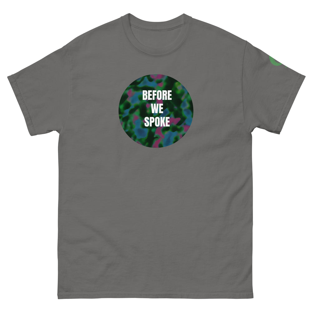 Gray t-shirt with text BEFORE WE SPOKE on gray background
