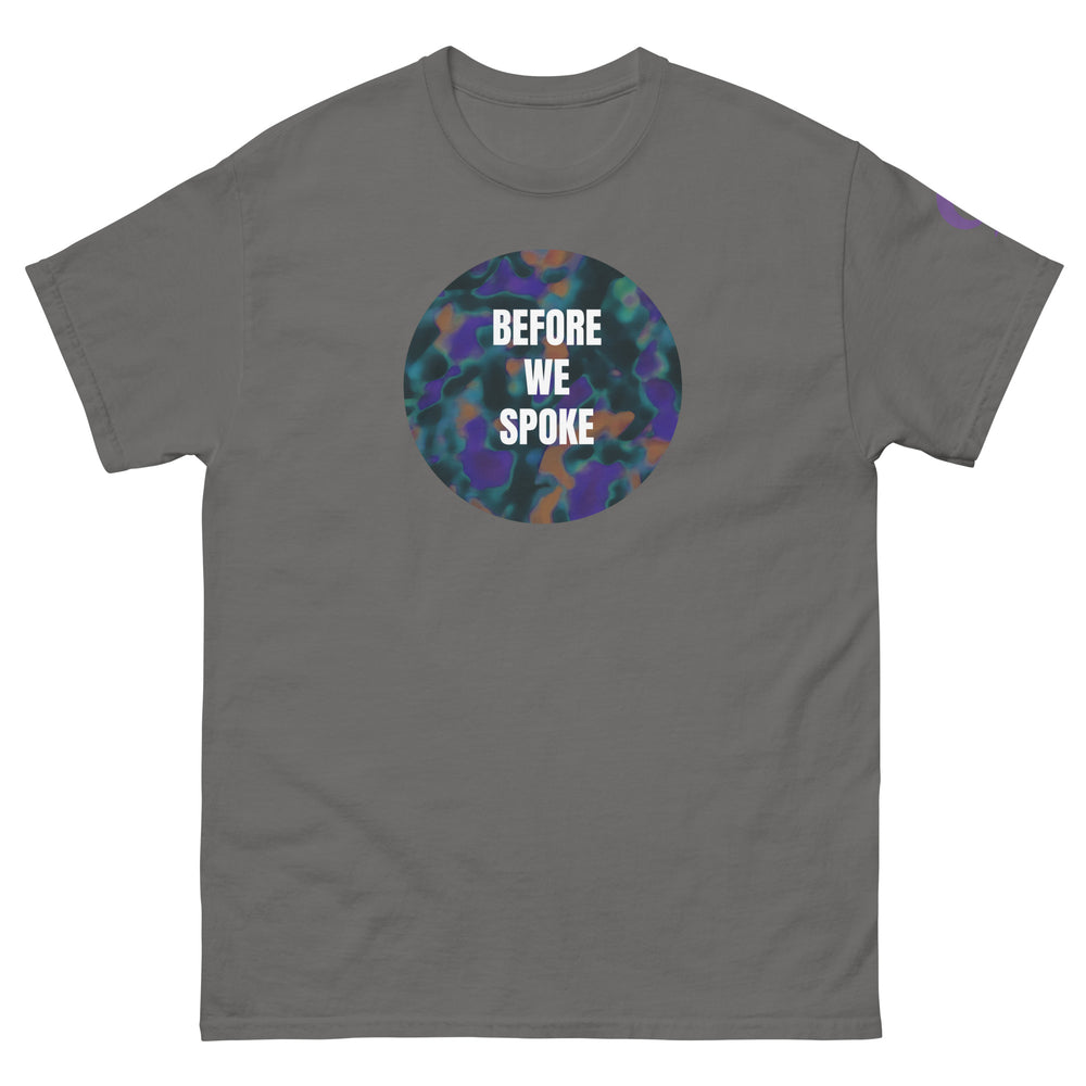Gray t-shirt with text BEFORE WE SPOKE on gray background