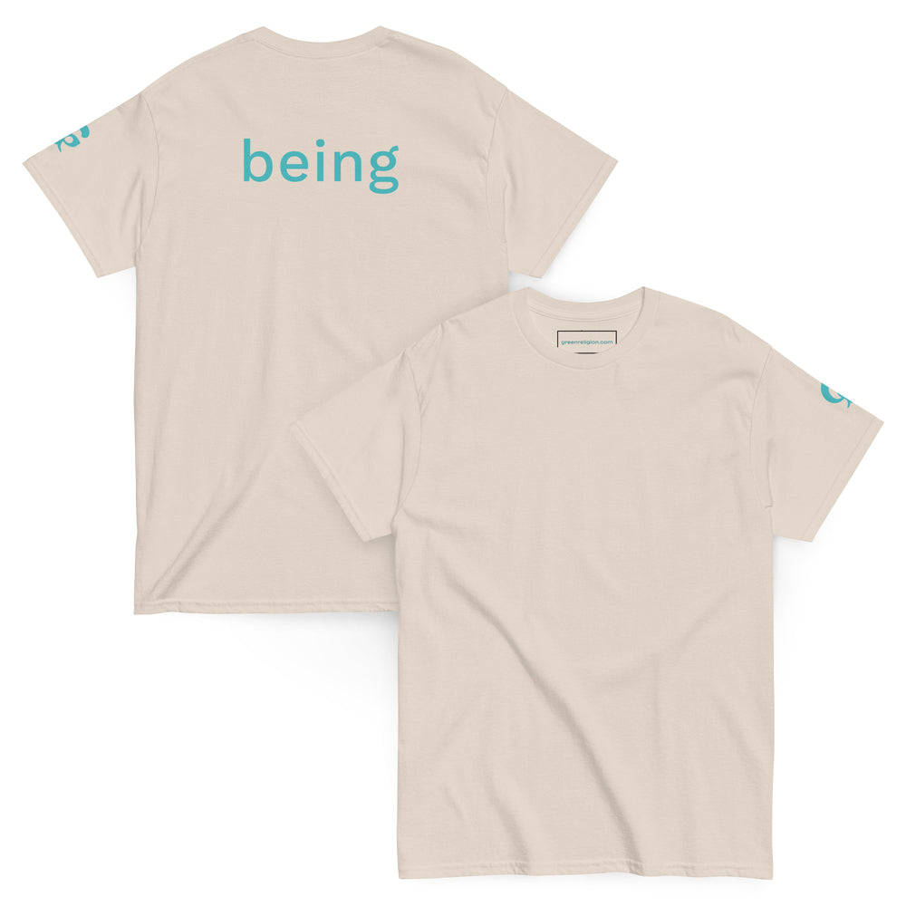 Beige t-shirt with 'being' text on a beige background