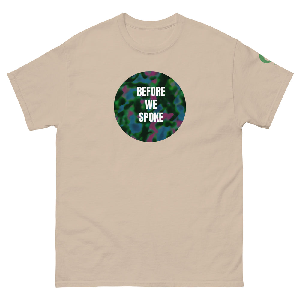 beige t-shirt with text BEFORE WE SPOKE on beige background
