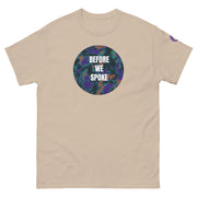 beige t-shirt with text BEFORE WE SPOKE on beige background