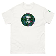 White t-shirt with text BEFORE WE SPOKE on white background