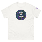 White t-shirt with text BEFORE WE SPOKE on white background
