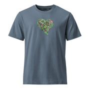 Slate blue t-shirt with a green graphic heart on a slate blue background