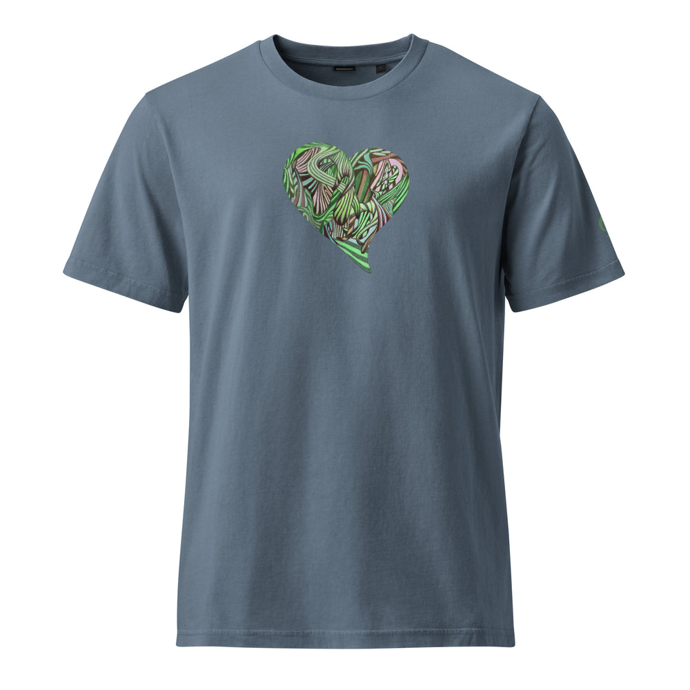 Slate blue t-shirt with a green graphic heart on a slate blue background