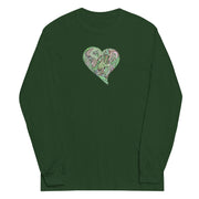 Long sleeve shirt with graphic heart in greens on a green background