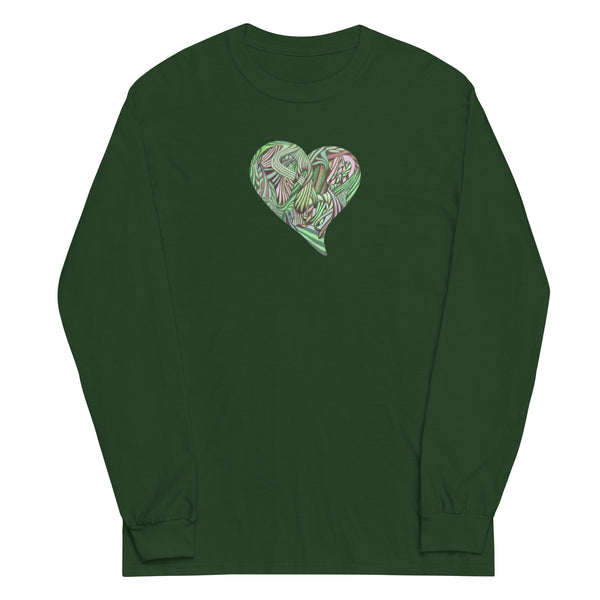Long sleeve shirt with graphic heart in greens on a green background