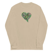 Beige long-sleeve shirt with a colorful heart design on a beige background