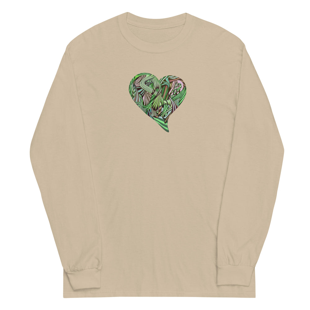 Beige long-sleeve shirt with a colorful heart design on a beige background