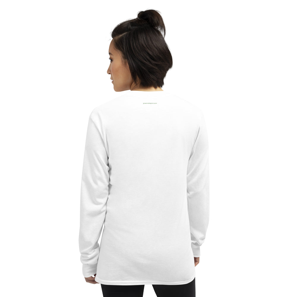 Person wearing a white long-sleeve shirt on a white background