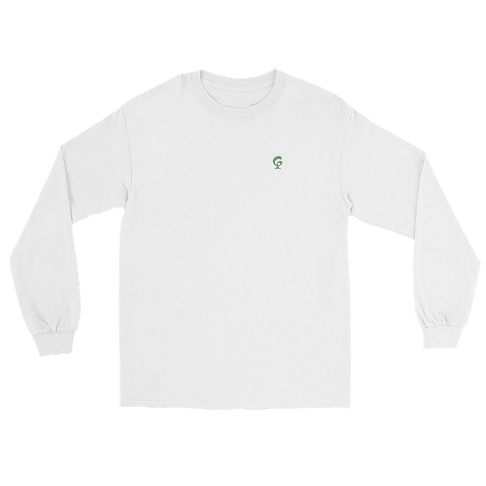 White long sleeve shirt with a G logo on a white background