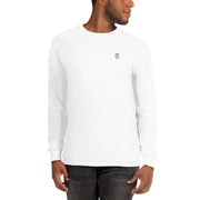 Man wearing a white long-sleeve shirt with a green G logo on a white background