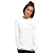 Person wearing a white long-sleeve shirt with a green G logo on a white background