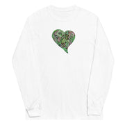 White long sleeve shirt with greens graphic heart on a white background