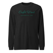 Cafe Vert printed on a unisex black long sleeve T