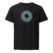 Black t-shirt with tree silhouette on a colored circle on a black background
