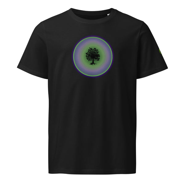 Black t-shirt with tree silhouette on a colored circle on a black background