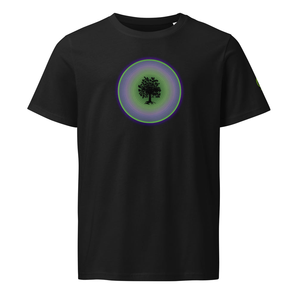 Black t-shirt with tree silhouette on a colored circle on a black background