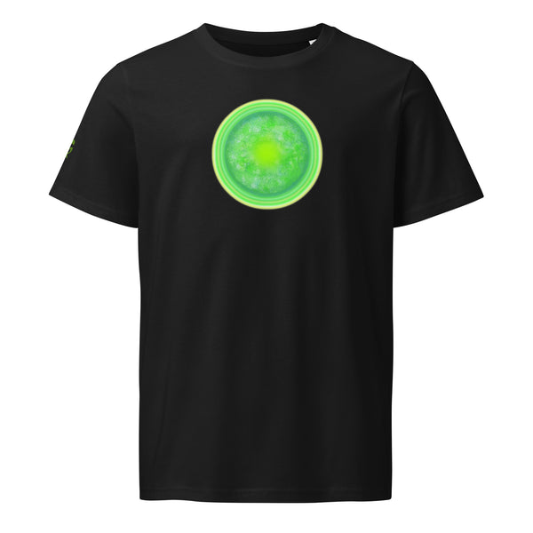 Black t-shirt with a green circular design on a black background