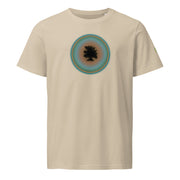 Beige t-shirt with a circular design featuring a tree on a beige background