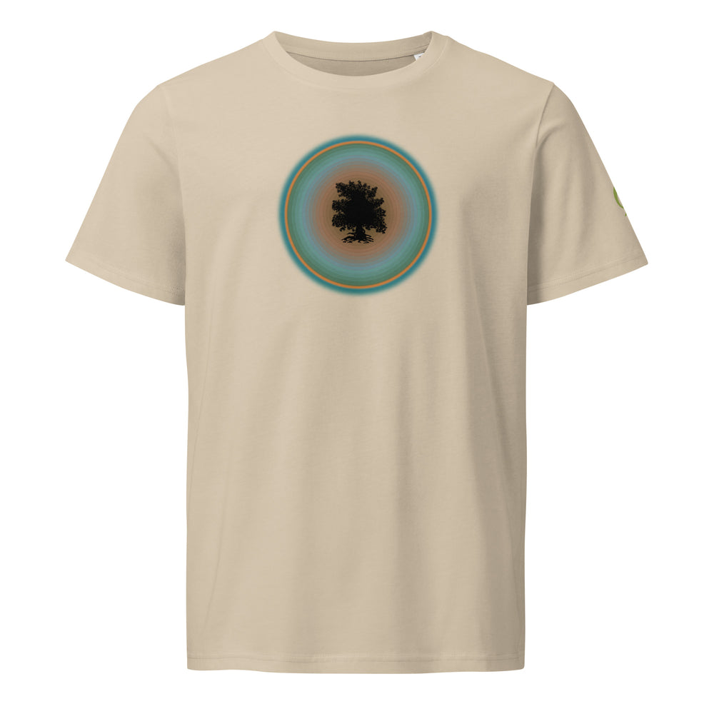 Beige t-shirt with a circular design featuring a tree on a beige background