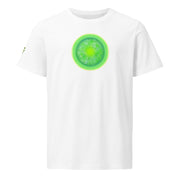 White t-shirt with a green circular design on a white background