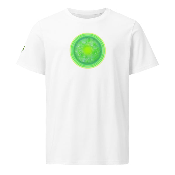White t-shirt with a green circular design on a white background