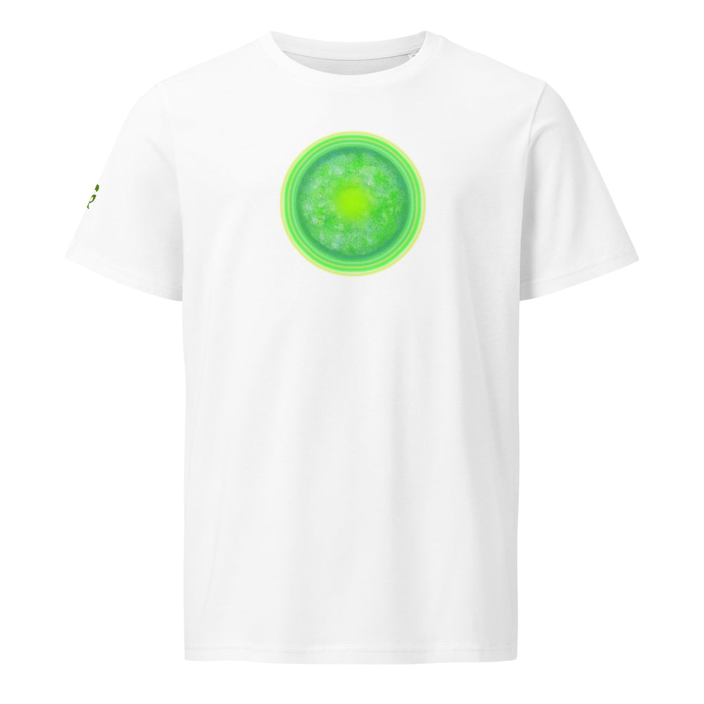 White t-shirt with a green circular design on a white background