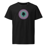 Black t-shirt with tree in circle design on black background