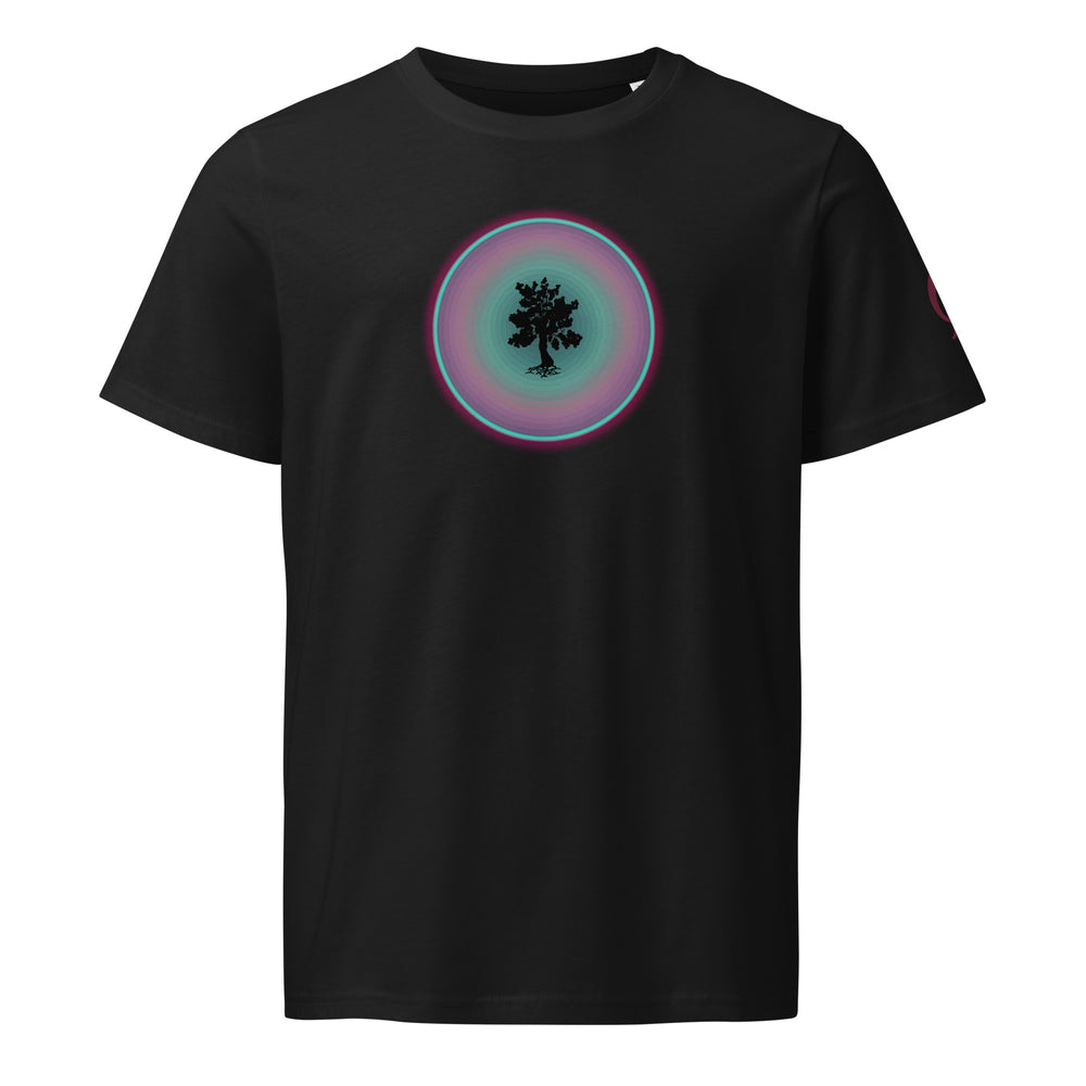 Black t-shirt with tree in circle design on black background