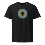 Black t-shirt with tree in circle design on black background