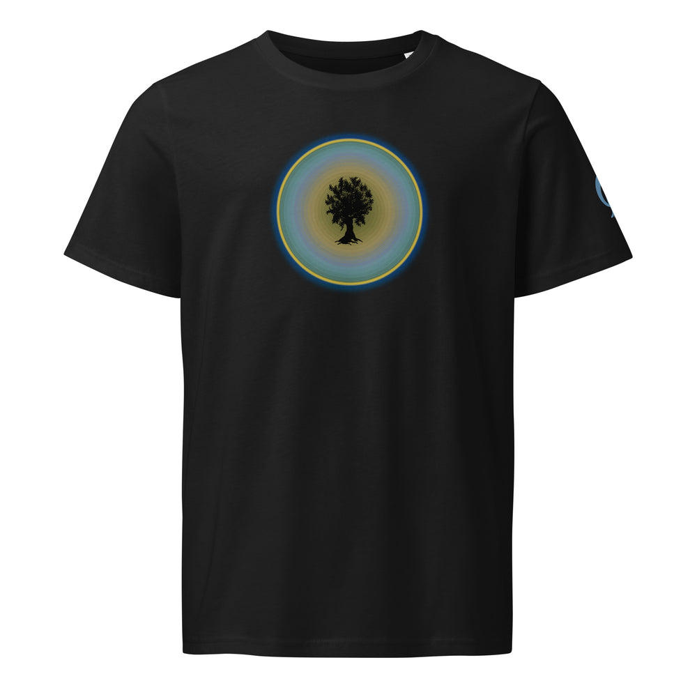 Black t-shirt with tree in circle design on black background