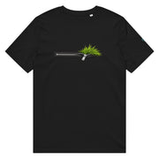 White t-shirt with a black zipper design featuring grass on a black background