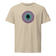 Beige t-shirt with tree in circle design on beige background