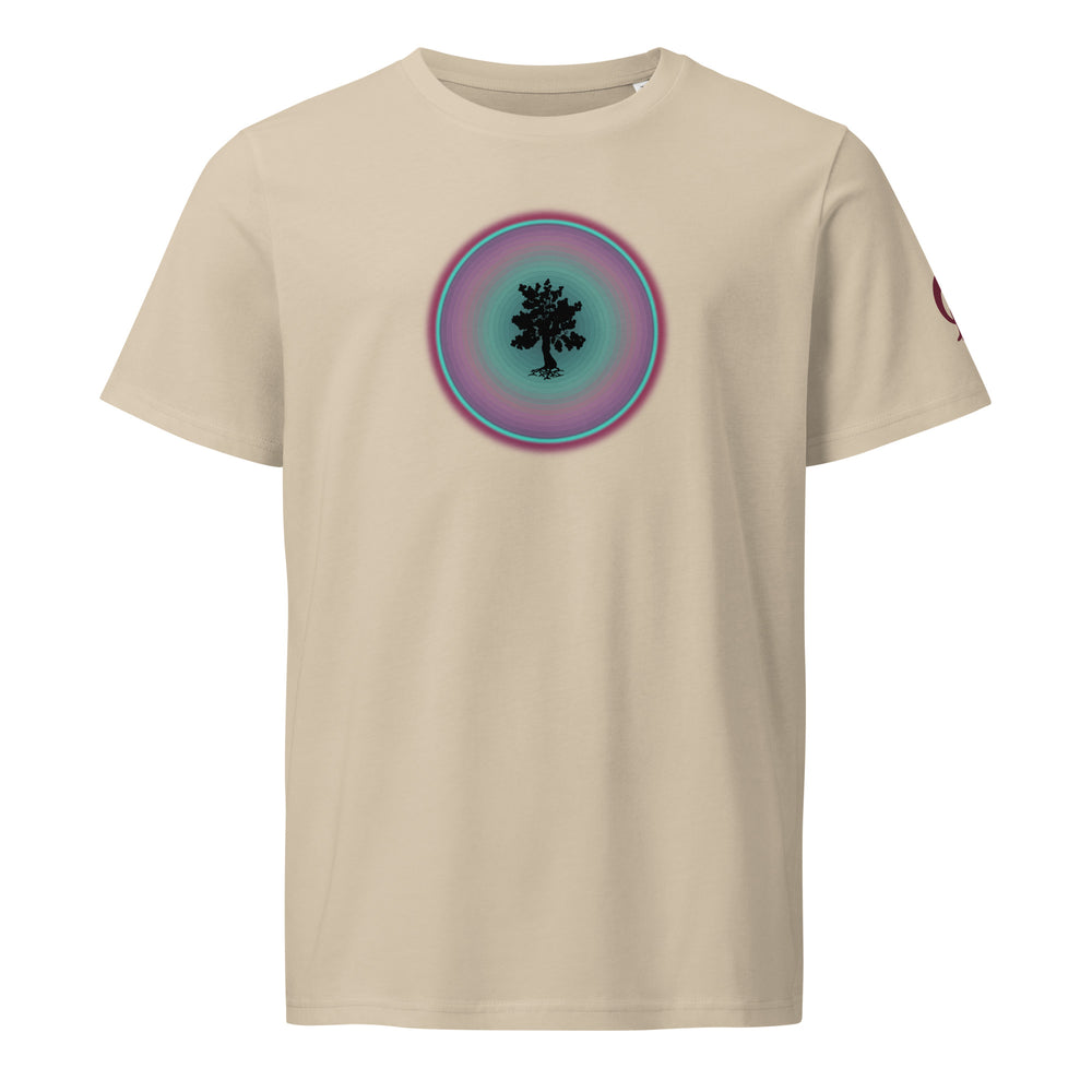 Beige t-shirt with tree in circle design on beige background