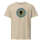 Beige t-shirt with tree in circle design on beige background