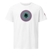 White t-shirt with tree in circle design on white background