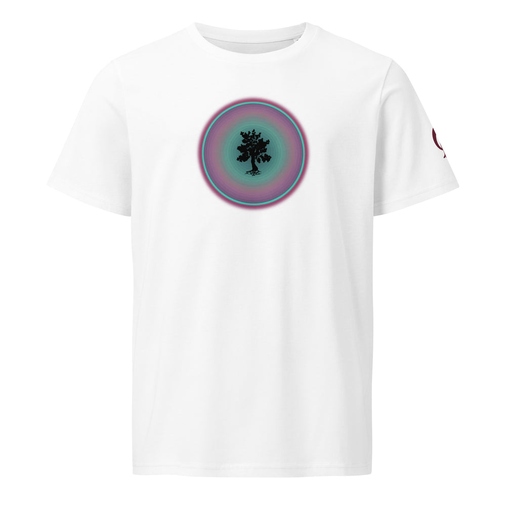 White t-shirt with tree in circle design on white background