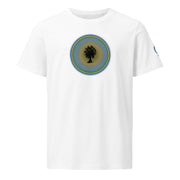 white t-shirt with tree in circle design on white background