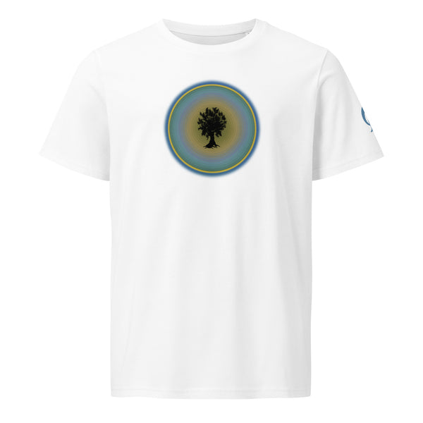 white t-shirt with tree in circle design on white background