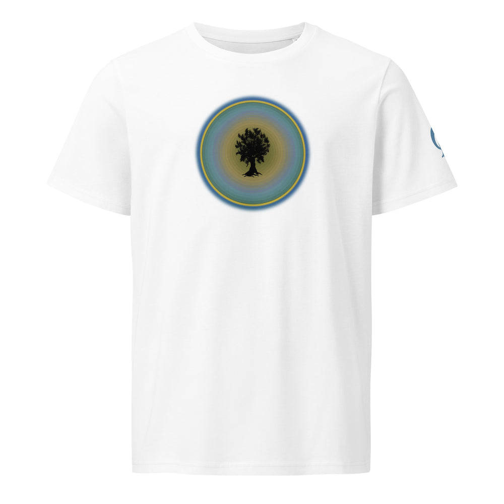 white t-shirt with tree in circle design on white background