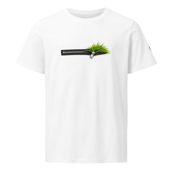 White t-shirt with a black zipper design featuring grass on a white background
