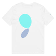 White t-shirt with blue and green abstract design on a white background