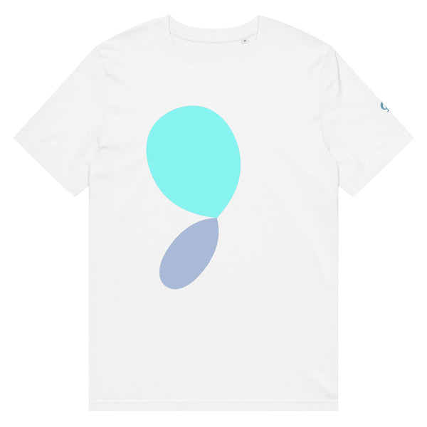 White t-shirt with blue and green abstract design on a white background