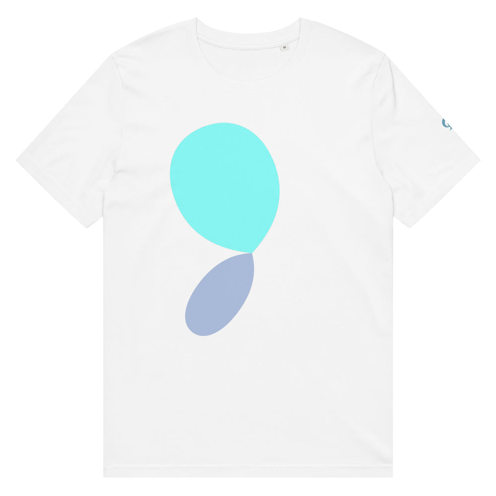 White t-shirt with blue and green abstract design on a white background