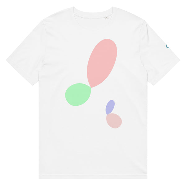 White t-shirt with pastel colored balloon and flower petal designs on a white background