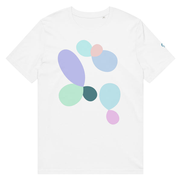 White t-shirt with colorful circle and balloon shaped designs on a white background