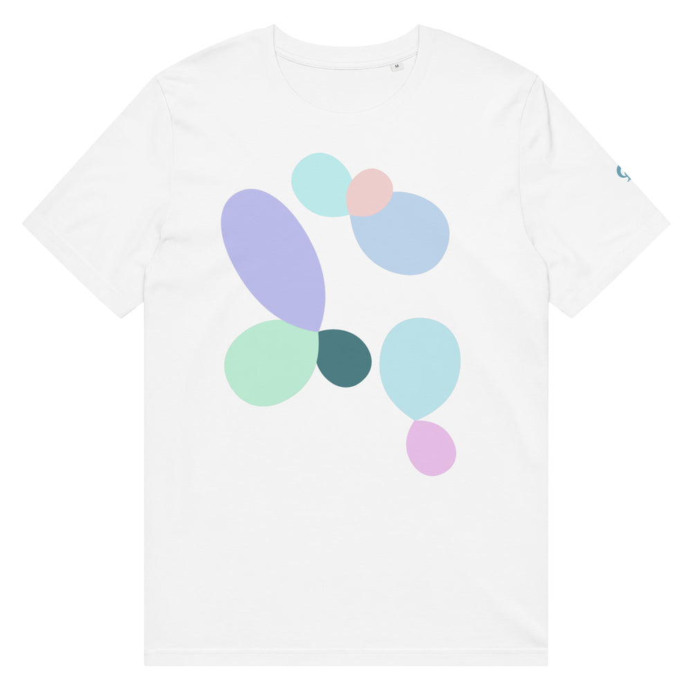 White t-shirt with colorful circle and balloon shaped designs on a white background