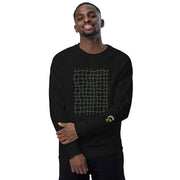 RELIGIÓN VERDE · HOJAS DE JUEGO LIBRE · “Earth Net Olive” · Sudadera unisex orgánica raglán