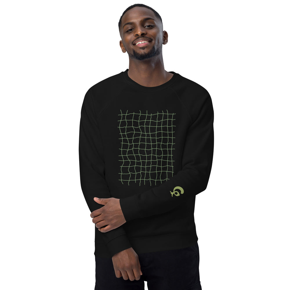 RELIGIÓN VERDE · HOJAS DE JUEGO LIBRE · “Earth Net Olive” · Sudadera unisex orgánica raglán